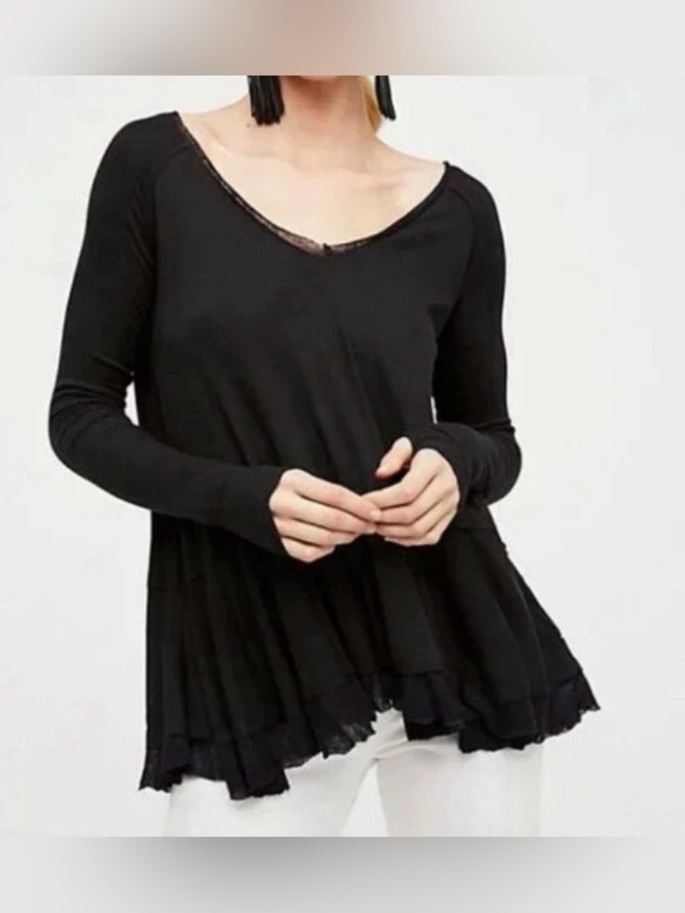 We The Free Black Long-Sleeve Ribbed Ruffle-Hem Tunic - Size M